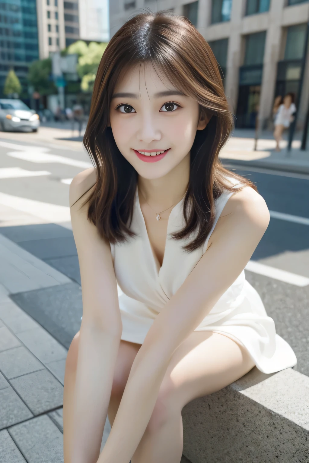 Angel is a very beautiful and cute girl,
beautiful and detailed eyes, short, 半袖のwhite dress,
Delicate double eyelids,
(Big eyes:1.3),long eyelashes,
See-through bang,
(Beautiful and delicate face and eyes:1.4),
small nose,
small mouth,
beautiful long hair,
Look at your teeth and smile happily,
(highest quality:1.2),
RAW photo,
High resolution,
perfect details,
professional photos,
professional lighting,break (white dress) , Ultra tight fit swimsuit with super reflective surface,walk,beautiful feet, Strong light hits the swimsuit,in the city,brown hair,