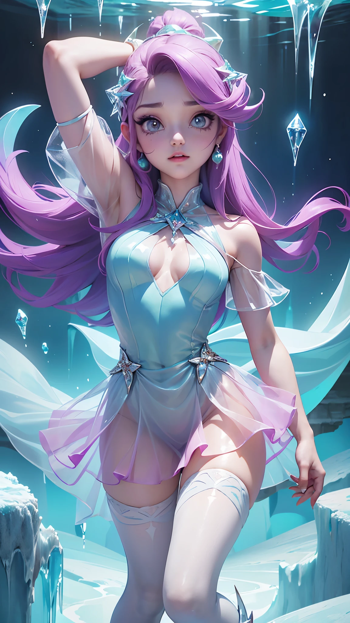 (La mejor calidad,A high resolution,Ultra - detallado,actual),Ariana Grande short fluffy brown hair，(Ice Dress Has a shiny pinkish-purple transparent rubber texture)，(En rosa goma vestido transparente hielo:1.4)、Usa el tuyo con azul y blanco，amarillo y verde，Matching Cyan Accessories Hanging Decoration，This is a very sweet and sweet girl.., (tema de san valentin), ojos azules, sonrisa suave, (fondo caverna atlantis ruinas hielo congelado:1.4) ,,More detailed 8K.motor irreal:1.4,UHD,La mejor calidad:1.4, fotorrealista:1.4, textura de la piel:1.4, obra maestra:1.8,obra-prima, mejor calidad,objeto Objeto], (detailed face features:1.3),(Las proporciones correctas),(convexo Dedos hermosos detallados),(Ojos hermosos azules),(pose vaquero ),( vestido transparente de hielo congelado:1.4)