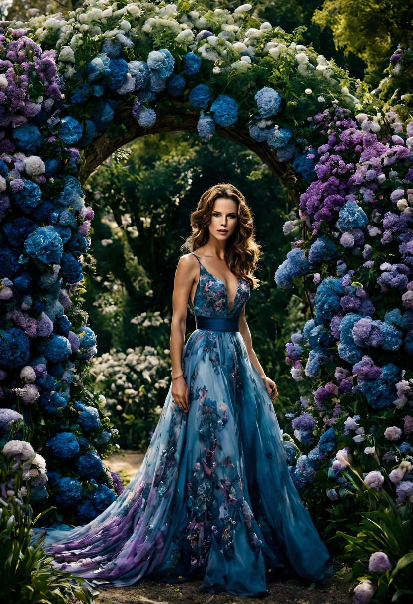 Em um jardim perfumado, The blind woman (Kate Beckinsale), (22 anos), com um vestido longo cor ametista bem detalhes is standing with her arms outstretched, gently touching the petals of the flowers he finds, conectando-se com a natureza e as doces flores azuis.