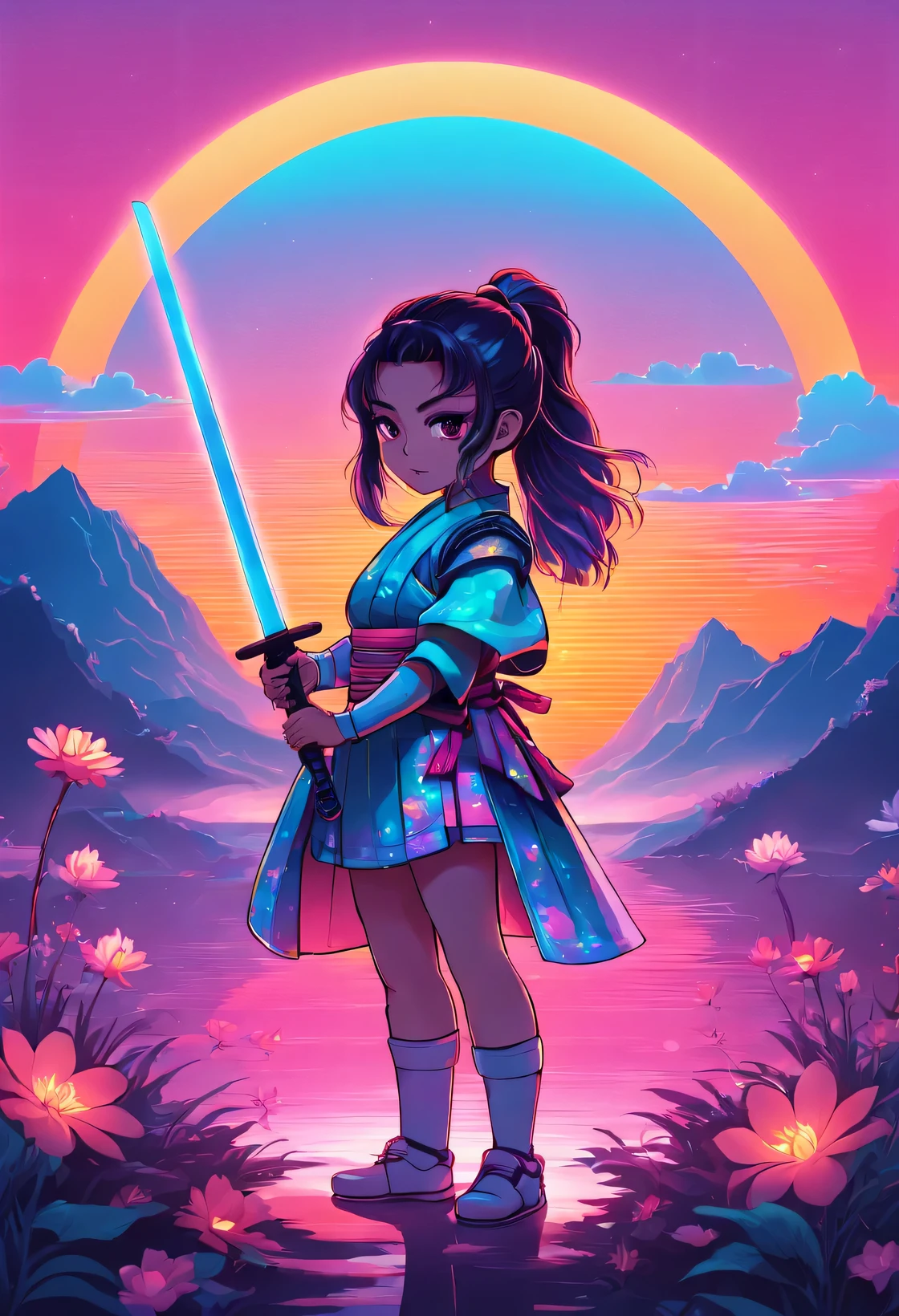 Sunset, Samurai girl with sword, permanent, Lovely, cartoon, chibi, vector, Very detailed, Shining light, vaporwave background,bright colors, negative space,  ,The art of math ,atmosphere ,vaporwave, Flowing neon lights, colored holographic floral background, holographic, rainbow colors, vaporwave, body fluid, flowers,actual
