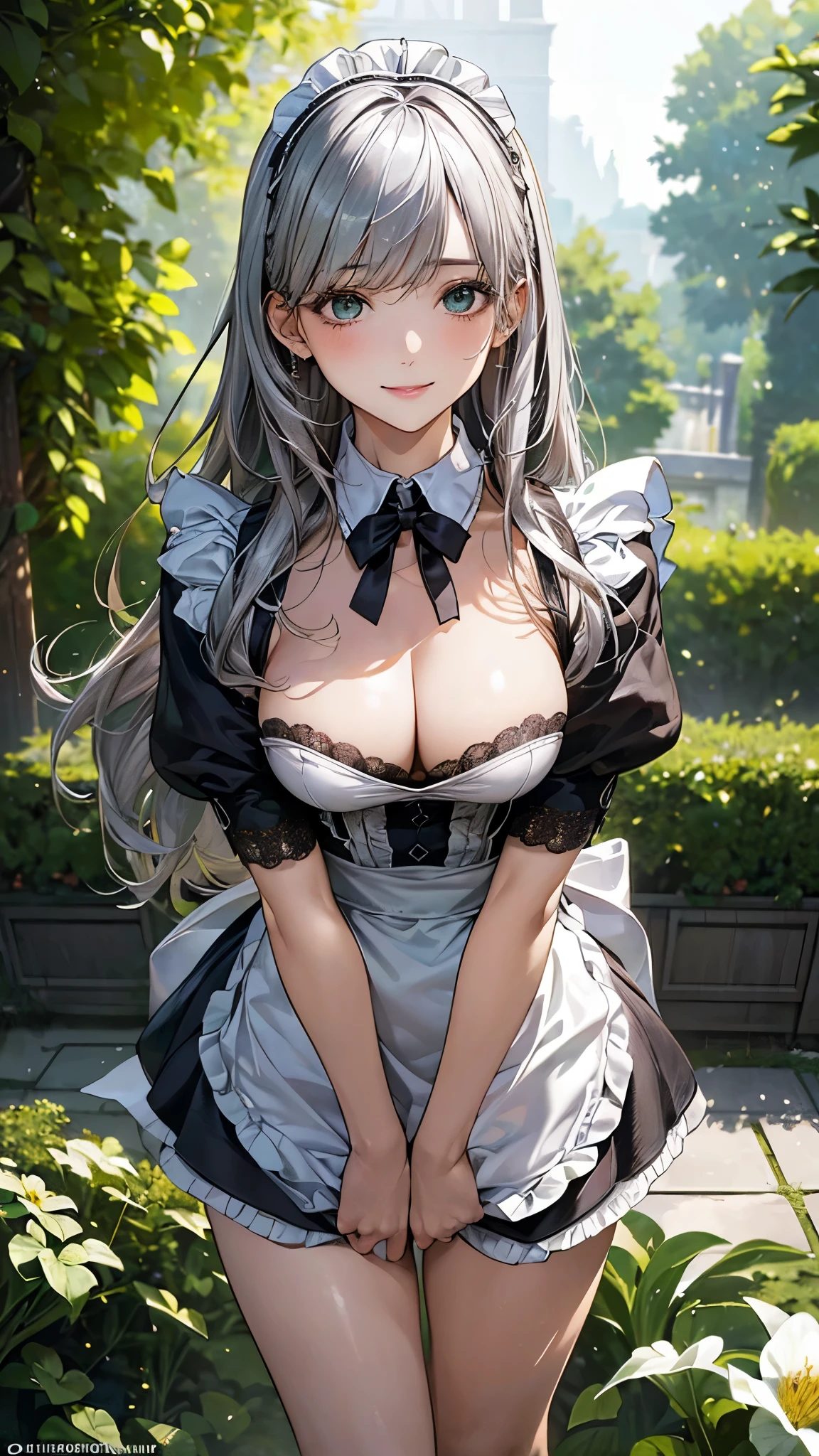 (masterpiece:1.2, top-quality), (realistic, photorealistic:1.4), beautiful illustration, (natural side lighting, movie lighting), nsfw,
looking at viewer, 1 girl, japanese, high school girl, perfect face, cute and symmetrical face, shiny skin,
(long hair:1.5, messy hair:1.2, silver hair), swept bangs, emerald green eyes, drooping eyes, long eye lasher, (large breasts:0.6),
beautiful hair, beautiful face, beautiful detailed eyes, beautiful clavicle, beautiful body, beautiful chest, beautiful thighs, beautiful legs,
((french maid)),
(beautiful scenery), outside flower garden, modern, standing, (lovely smile, upper eyes),