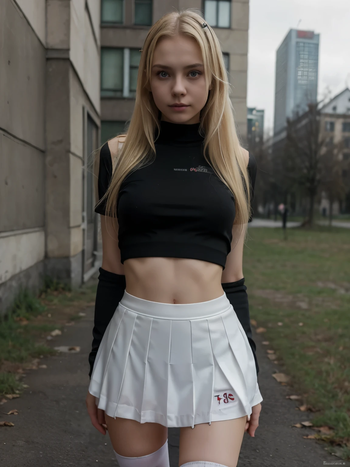 Very thin blonde Russian girl, wearing short school skirt, zieht den rock runter, nsfw, fragile body, 18 jahre, mund offen, keine kopfbedekung, gloomy background, zarte haut, junges gesicht