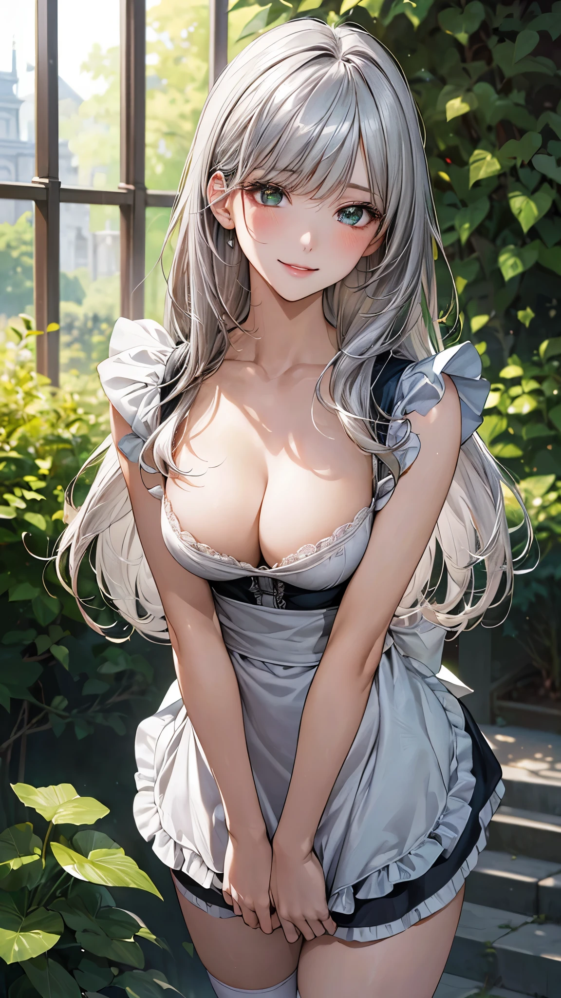 (masterpiece:1.2, top-quality), (realistic, photorealistic:1.4), beautiful illustration, (natural side lighting, movie lighting), nsfw, 
looking at viewer, 1 girl, japanese, high school girl, perfect face, cute and symmetrical face, shiny skin, 
(long hair:1.5, messy hair:1.2, silver hair), swept bangs, emerald green eyes, drooping eyes, long eye lasher, (large breasts:0.6), 
beautiful hair, beautiful face, beautiful detailed eyes, beautiful clavicle, beautiful body, beautiful chest, beautiful thighs, beautiful legs, 
((french maid)), 
(beautiful scenery), outside flower garden, modern, standing, (lovely smile, upper eyes), 