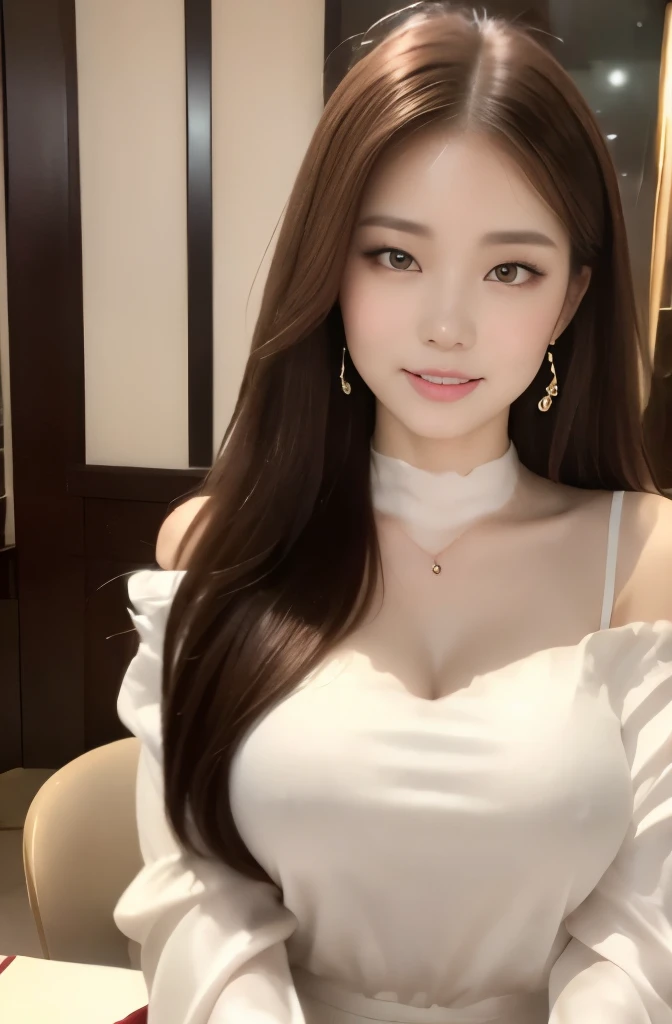 (24 year old lover), (big breasts:1.3), Fine dining、 (Have a sumptuous dinner in front of you、wine glass in front)、(classy and cute girl:1.3), (Wearing an off-shoulder white silk blouse:1.2), (orange flare skirt:1.2), (slender body shape:1.1), beautiful clavicle,(masterpiece: 1.3), (maximum resolution: 1.4), (Super high quality: 1.2), cinematic light, Super high quality,((My cheeks turned red:1.4))、 (beautiful eyes and skin), (detailed facial features), 8K resolution, perfect style, beautiful expression、Highly detailed face and skin texture、fine eyes、double eyelid、glitter eyeliner:1.2、shiny skin、pure white skin:1.8、white skin:1.8、red rouge、dark lipstick:1.2、small shiny necklace and earrings、glossy lips:1.2、glossy lips:1.2、((full body shot:1.2))、(straight hairstyle、light brown hair)、long hair、(very charming smile:1.2)、night