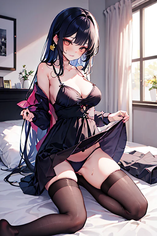 Girl lying on bed with legs spread,Wearing very little and very shy,Eyes are confused,Strike a captivating pose,Beautiful and delicious,Seems helpless and unsatisfied,milk flowing between thighs,Clothes outline a graceful figure,Hair stuck to cheeks with sweat,Lift the girl's clothes from below