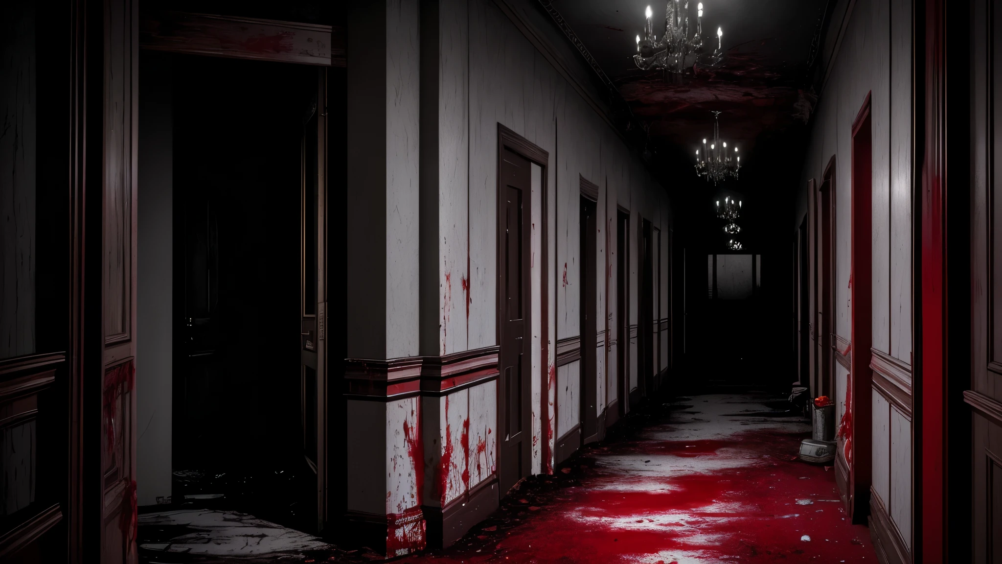 Blood-Stained Walls:
Inside the mansion, cold and dark hallways with bloodstains on the walls, surrounded by darkness