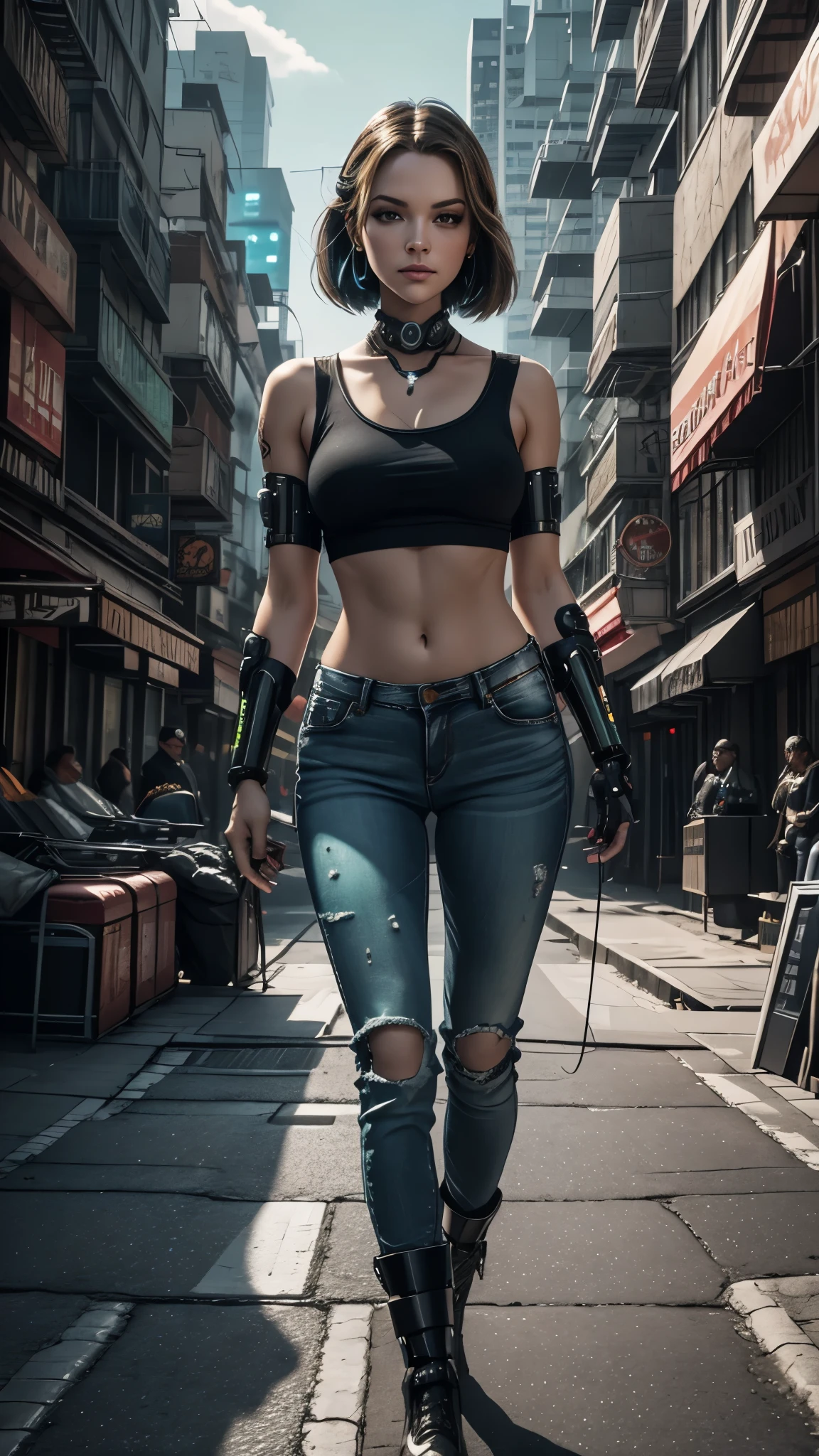 Imagem realista super detalhada], [obra-prima], Alexis Texas como uma cyberpunk com cabelo loiro curto e espetado, bright green eyes and a circuit tattoo on the neck. Ela usa um casaco de couro preto com detalhes em neon, uma blusa branca rasgada, a pair of grey jeans and black boots. She has a bionic arm with metal claws and a neural interface implant in her right temple. She holds a laser pistol in her left hand and a holographic device in her right hand. She's on a busy street in a futuristic night city, surrounded by tall buildings, Tecidos gigantes, carros voadores e pessoas de diferentes estilos e etnias. She has a confident and defiant expression, como se estivesse pronta para enfrentar qualquer perigo.