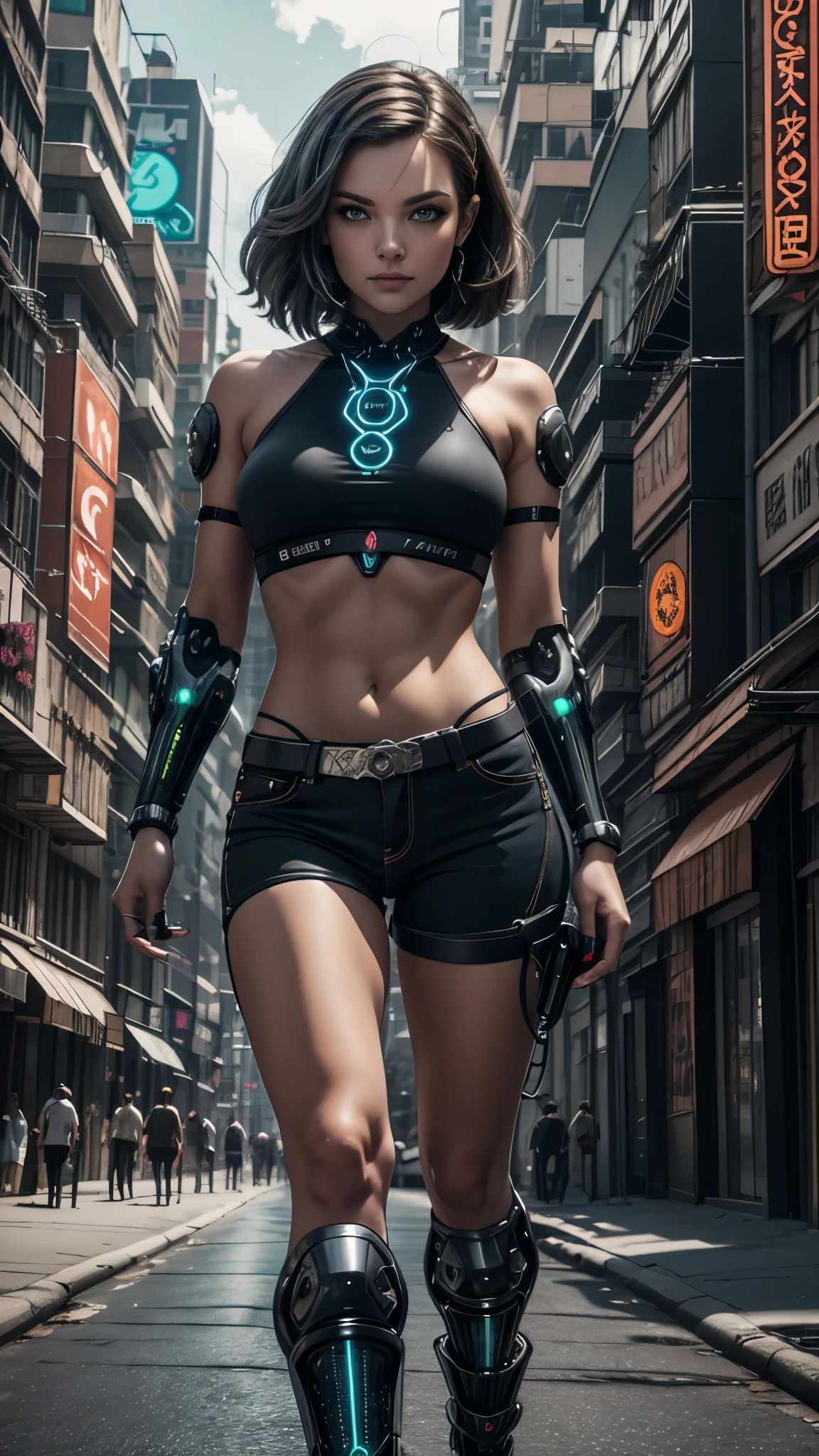 Imagem realista super detalhada], [obra-prima], Alexis Texas como uma cyberpunk com cabelo loiro curto e espetado, bright green eyes and a circuit tattoo on the neck. Ela usa um casaco de couro preto com detalhes em neon, uma blusa branca rasgada, a pair of grey jeans and black boots. She has a bionic arm with metal claws and a neural interface implant in her right temple. She holds a laser pistol in her left hand and a holographic device in her right hand. She's on a busy street in a futuristic night city, surrounded by tall buildings, Tecidos gigantes, carros voadores e pessoas de diferentes estilos e etnias. She has a confident and defiant expression, como se estivesse pronta para enfrentar qualquer perigo.