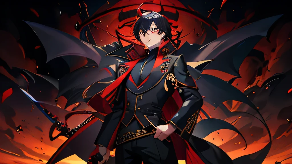 Anime character wearing black suit, Badass anime 8k, Handsome guy in the art of slaying demons, 英俊的日本demon男孩, demon杀手艺术风格, red eyes, trigger anime art style, 4k anime wallpaper, key anime art, demon杀手: Rui Fan Art, 4k漫画壁纸 demon装扮,demon