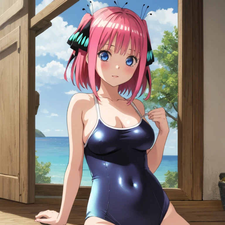 masterpiece, best quality, ultra detailed, best illustration, nsfw, 1girl, one-piece swimsuit, nakano nino, pink hair, butterfly hair ornament, blue eyes