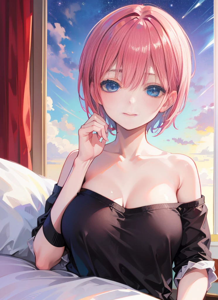 ichikanakano, ichika nakano, short hair, bangs, hair between eyes, pink hair,A girl sleeping with her eyes closed，off shoulder t-shirt,Black string pants,smile，Bedroom，light goes out， covered by a blanket， windows，Romantic starry sky，extreme light，meteors intersect,口を閉じる
break looking at viewer, whole body, Upper body,
break indoors, 
break (masterpiece:1.2), highest quality, High resolution, unity 8k wallpaper, (shape:0.8), (beautiful and detailed eyes:1.6), highly detailed face, perfect lighting, Very detailed CG, (perfect hands, perfect anatomy),