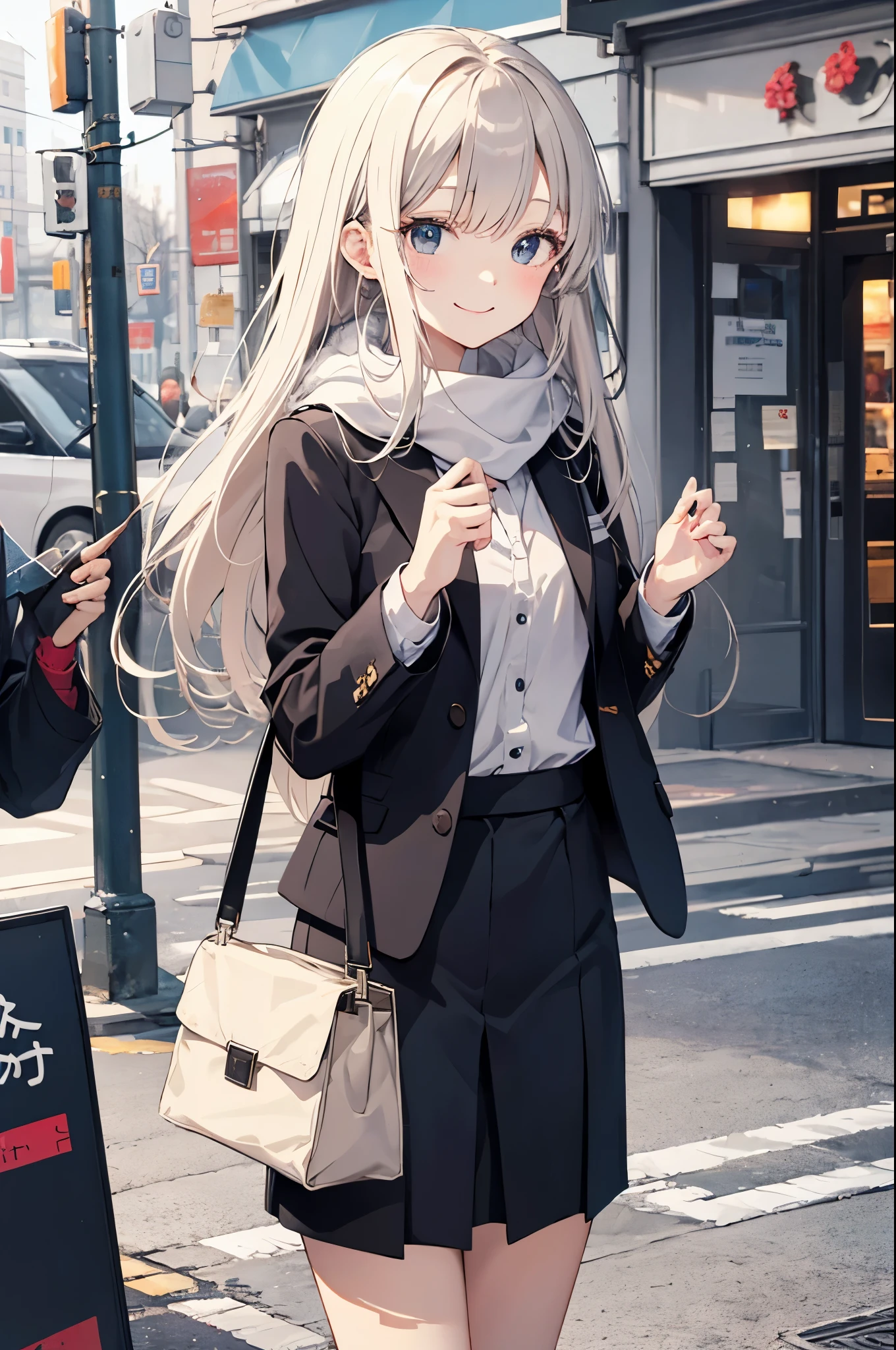 (Pretty sister:1.3)、 happy face,winter atmosphere、Lunch、Hamburger wrapped in paper、suit figure