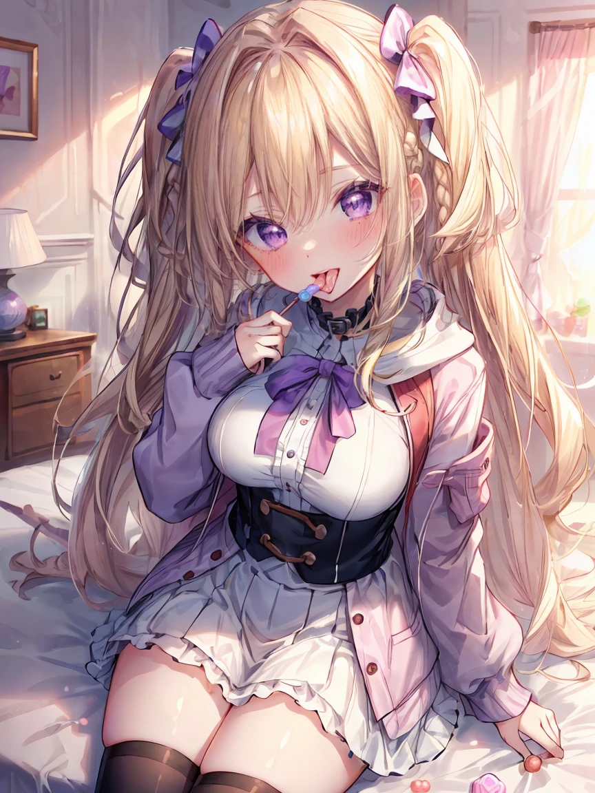 ((8K masterpiece,highest quality)), ultra high resolution, hyper detail, (1 girl), (14 years old),beautiful face, beautiful and delicate eyes,((purple eyes)),Big eyes,shining eyes of light,Thin and long eyelashes,detailed light,((blonde)),((Bangs Patsun)),((long hair)),big breasts,thin waist,big thighs,blush,(grinning smile),(please open your mouth wide),pink hoodie,White ruffled skirt,black and white patterned knee high socks,Ribbon hair fastening,bed,cute,((Pink Room)),Game room,kawaii,Princess,(((Open your mouth))),(((lick the candy in your hand))),provocation,motion blur,Depth of written boundary,spectacular panoramic view,Angle from above