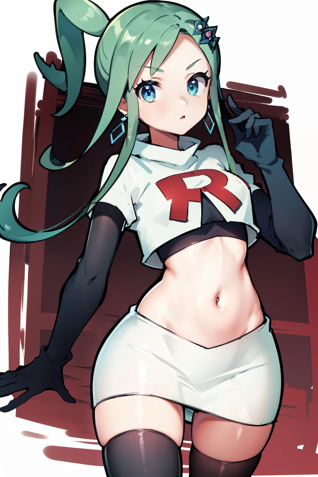 AALISIA,LONG HAIR,ASYMMETRICAL HAIR,SIDELOCKS,HAIR ORNAMENT,EARRINGS,team rocket,team rocket uniform,white skirt,red letter R,crop top,black thigh-highs,black elbow gloves, 1girl, solo, facing viewer, looking at viewer,