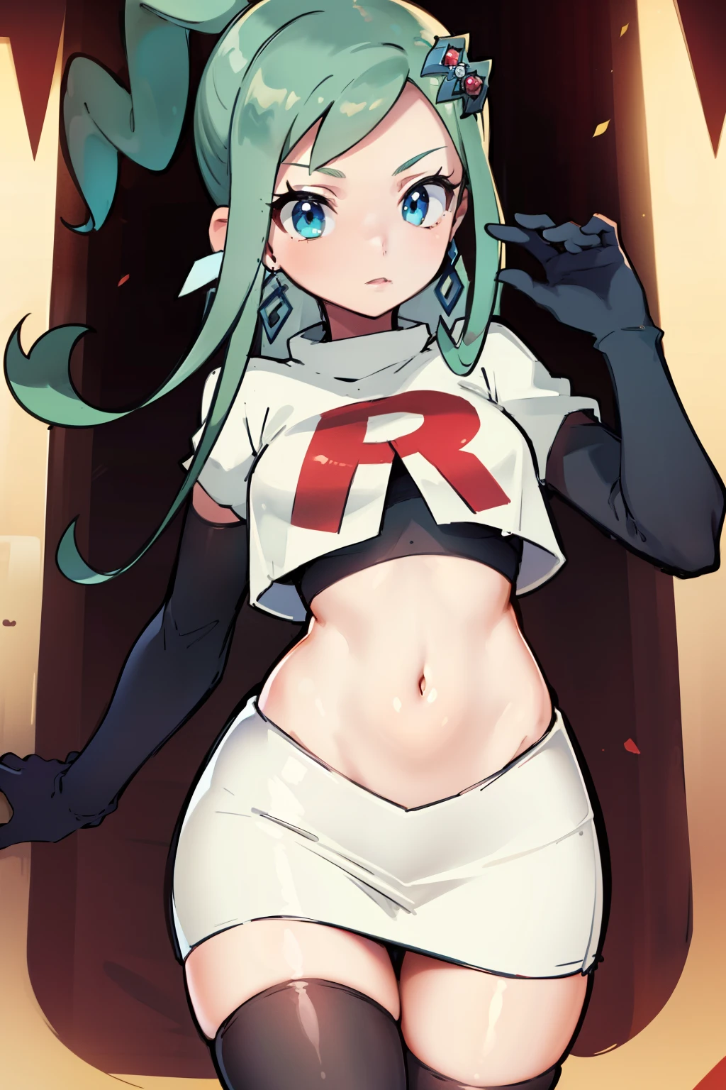 AALISIA,LONG HAIR,ASYMMETRICAL HAIR,SIDELOCKS,HAIR ORNAMENT,EARRINGS,team rocket,team rocket uniform,white skirt,red letter R,crop top,black thigh-highs,black elbow gloves, 1girl, solo, facing viewer, looking at viewer,