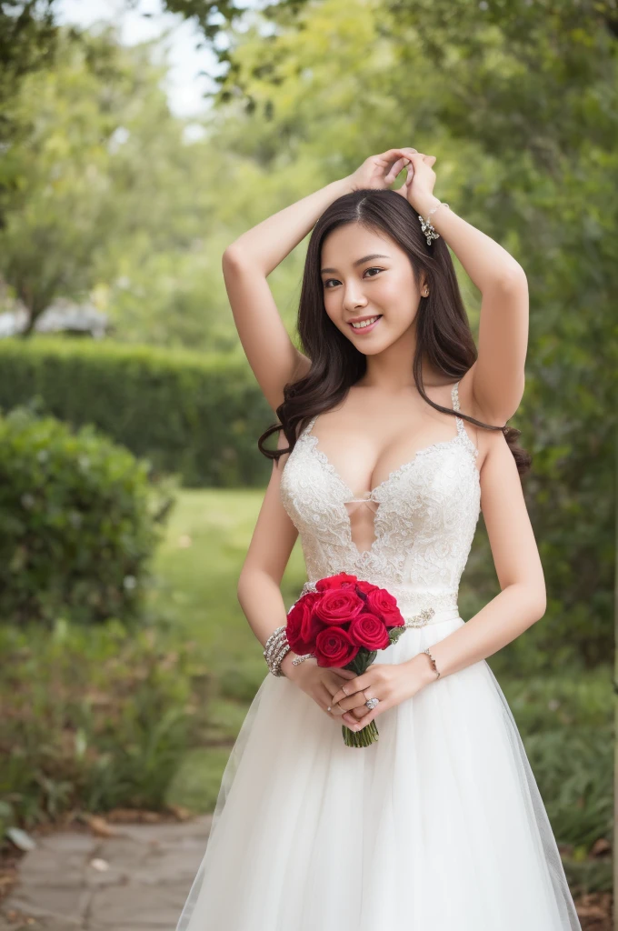 Dslr photo, (8k, 4k, masterpiece),beautiful pretty filipina asian woman, smiling, bright, indoors, thin strap sleeveless wedding dress, long dark hair, bracelets, blurry background, (lower hands holding bouquet), high heels, full subject in frame, full body view, front view, cleavage, busty, (upper hands on head), (four arms), (extraarms:1.2)