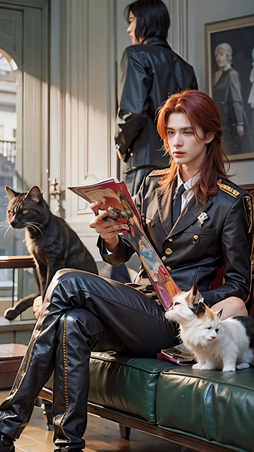 There were two men, one with red hair was sitting wearing a commander's shirt, and the other had black hair and was standing. there is one dragon and two cats, one red and one gray. Realistic art style, webtoon, 2 handsome guy, 2 cats, 1 dragon