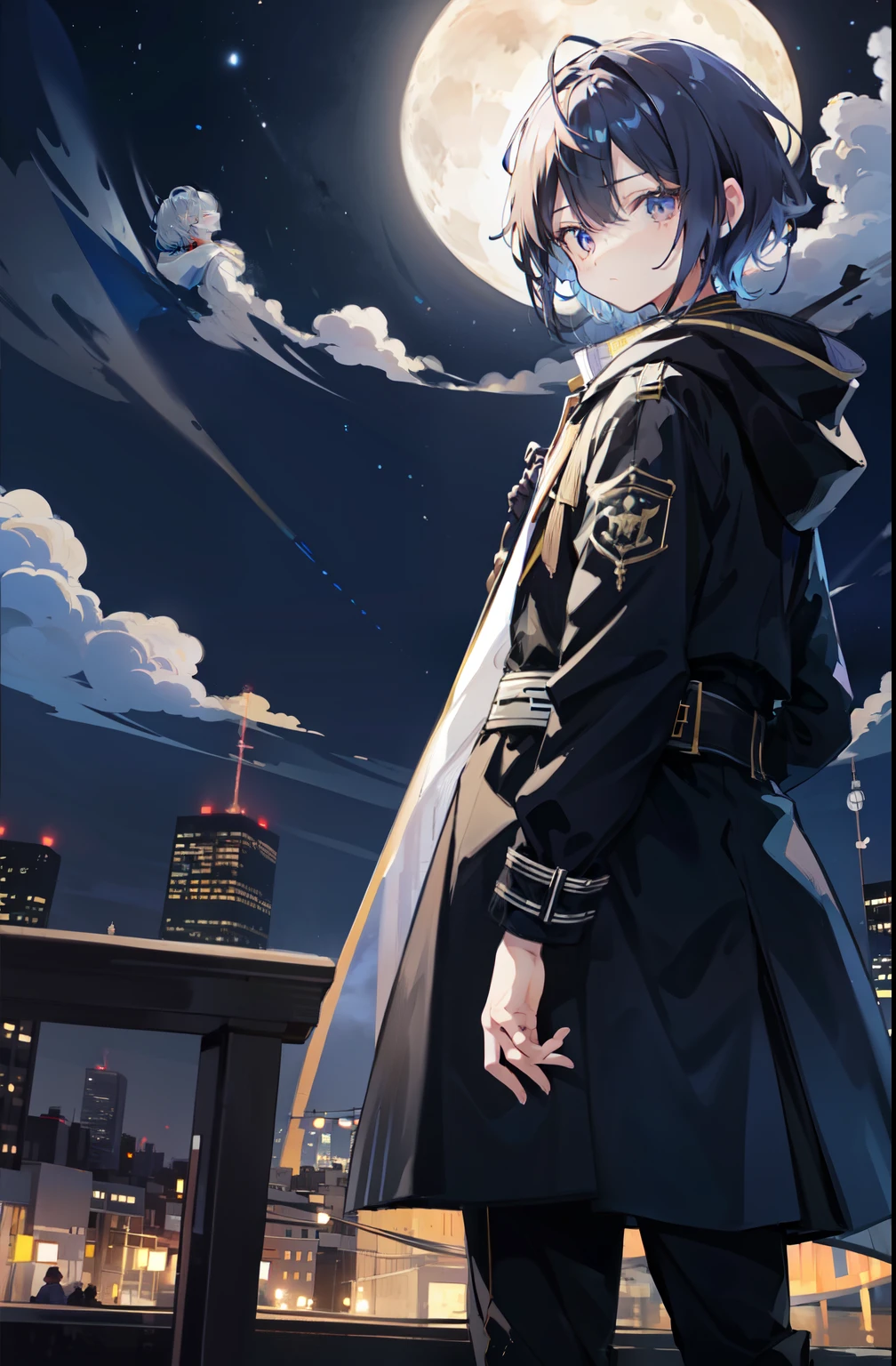 A beautiful moonlit night. wearing a long coatmale、put your hands on a long coat、Rear view、star-studded night sky. meteor、彼は美しい顔とbright colorsの輝く目をしています. 緻密で美しいデザインのmale性用衣装を着ています. wearing a long coat、male性、male、(youth:1.0)、Detail view. bright colors. High resolution. fantasy、fantasy、city、wearing pants、very short hair