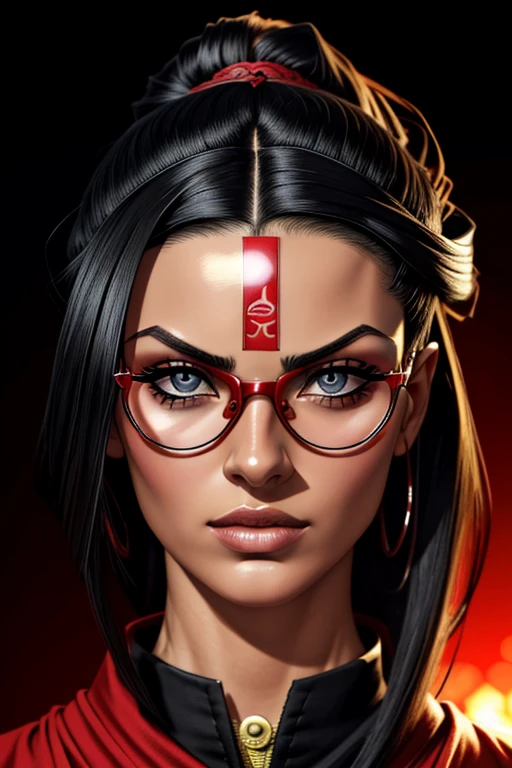 (high resolution,obra de arte:1.2),ultra-detalhado,realista,profissional,lindos olhos detalhados,beautiful detailed lips,Cabelo escuro,cabelo preto curto,red eyewear,Olhos negros deslumbrantes,pele limpa, de 18 anos,penteado curto elegante,vibrant red eyewear,Academia Shinobi,Fierce determination,postura confiante,Roupa carmesim,olhar intenso,Background full of ninjutsu techniques,shadows cleverly accentuating his features,Subtle studio lighting,realismo sublime,tons de cores marcantes
