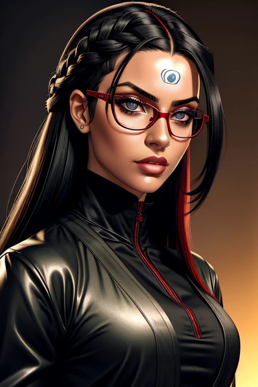 (high resolution,obra de arte:1.2),ultra-detalhado,realista,profissional,lindos olhos detalhados,beautiful detailed lips,Cabelo escuro,cabelo preto curto,red eyewear,Olhos negros deslumbrantes,pele limpa, de 18 anos,penteado curto elegante,vibrant red eyewear,Academia Shinobi,Fierce determination,postura confiante,Roupa carmesim,olhar intenso,Background full of ninjutsu techniques,shadows cleverly accentuating his features,Subtle studio lighting,realismo sublime,tons de cores marcantes