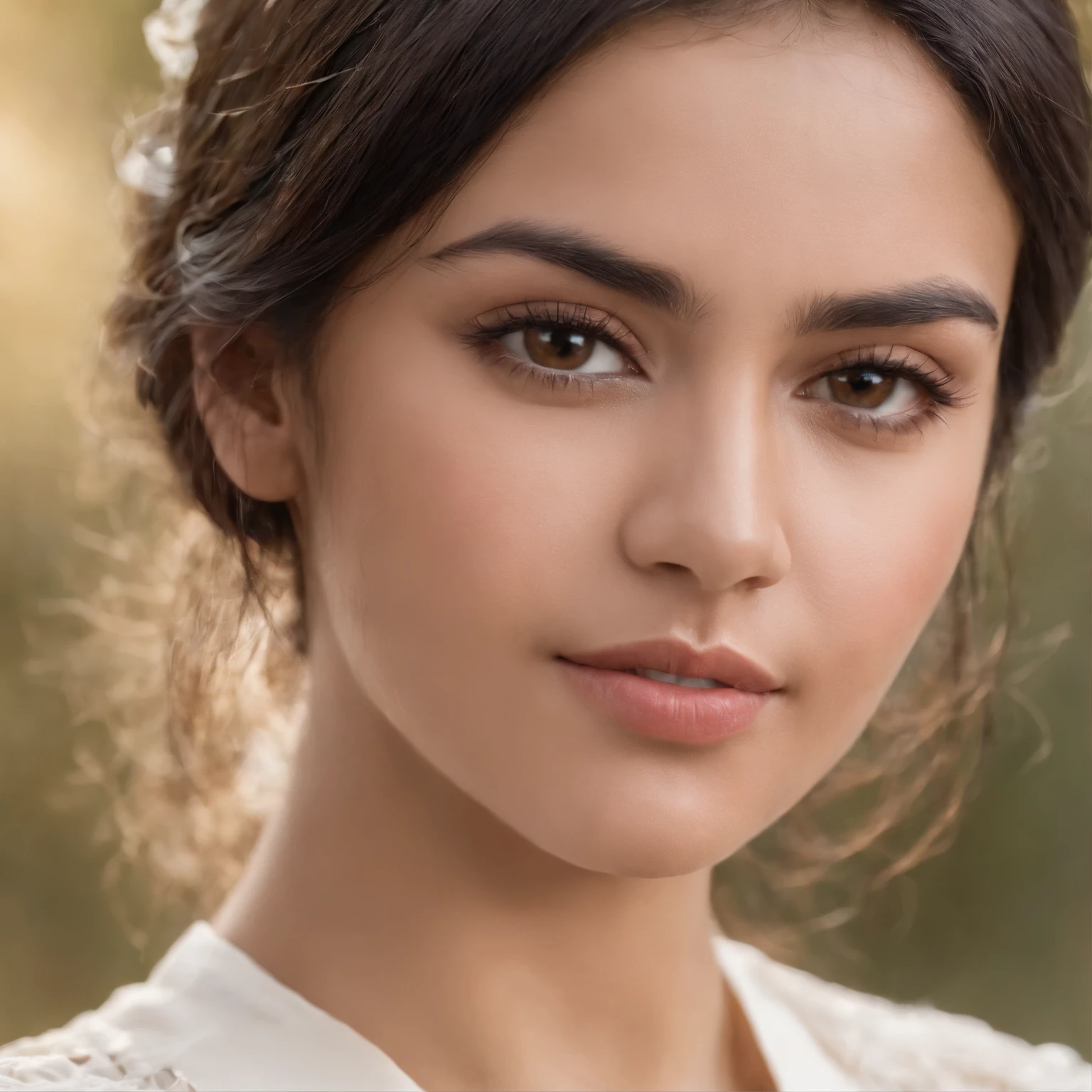 Luna, indian female, 28 years old, brown eyes, black hair, wearing a white shirt. Taken with Sony Alpha a9 II and Sony FE 200 - 600mm f/ 5. 6 - 6. 3 G OSS lens, natural light, hyper-realistic photography, ultra detailed –ar 3: 2 –q 2 –s 750