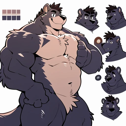 by takemoto arashi, ((full body)), (1boy), solo, (((character sheet))), white background, male anthro, kemono, (purple bear), short dark Mohawk with one white stripe in front, dark colored shins and forearm, dark color bicep, main color triceps, tan belly, dark stripe along outer sides of chest, tan stripes around knees, tan fingers, round face, round ears, naked, hot body, huge gut, giant muscle-gut, muscle, hunk, sexy, bara, handsome boy, (detailed eyes), (masterpiece, high res, best quality), 4k, soft skin, warm color, one hand grabbing chest, one hand squeezing pec very hard,Physical man,hairy paws hairy paws, furry paw, professional furry drawing, fur covered legs, naked, nude, nakedness