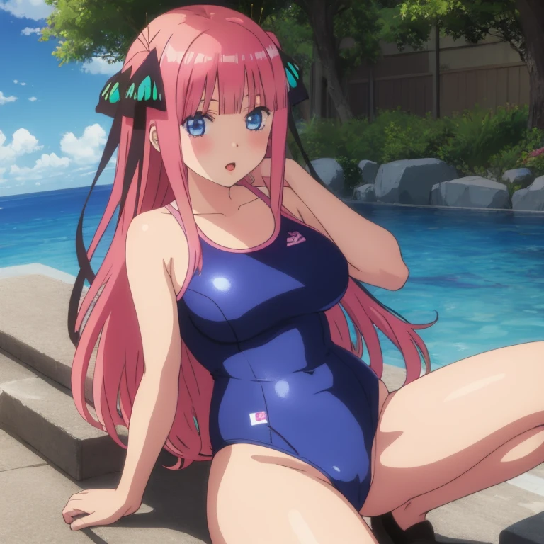 masterpiece, best quality, ultra detailed, best illustration, nsfw, 1girl, one-piece swimsuit, nakano nino, pink hair, butterfly hair ornament, blue eyes