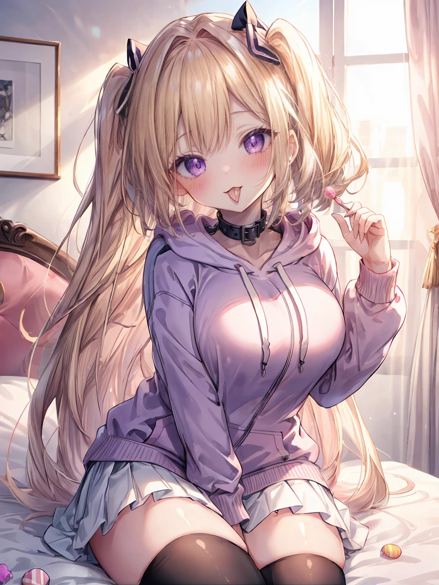 ((8K masterpiece,highest quality)), ultra high resolution, hyper detail, (1 girl), (14 years old),beautiful face, beautiful and delicate eyes,((purple eyes)),Big eyes,shining eyes of light,Thin and long eyelashes,detailed light,((blonde)),((Bangs Patsun)),((long hair)),big breasts,thin waist,big thighs,blush,(grinning smile),(please open your mouth wide),((pink hoodie)),((White ruffled skirt)),black and white patterned knee high socks,Ribbon hair fastening,bed,cute,((Pink Room)),Game room,kawaii,Princess,(((Open your mouth))),(((lick the candy in your hand))),provocation,motion blur,Depth of written boundary,spectacular panoramic view,Angle from the side