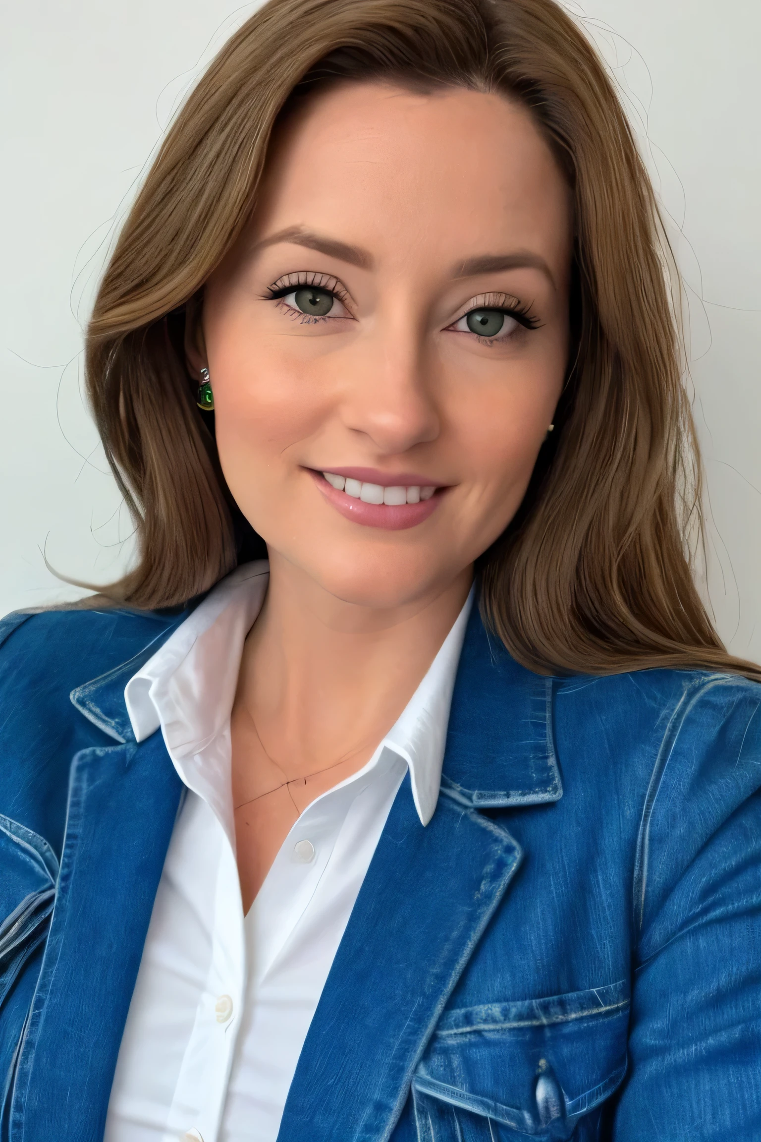 mulher de pele clara, olhos verdes, cabelos castanhos e longos, veste uma jaqueta azul e camisa branca, responsible and confident look, diretora executiva, Business environment, office desks in the background, High Definition Photo, foto profissional, improve the light-shadow ratio, 32 mil