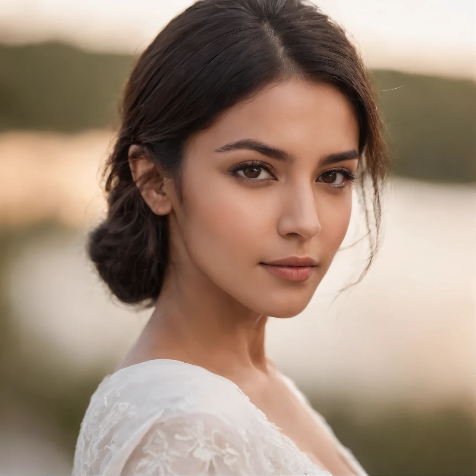 Luna, indian female, 28 years old, brown eyes, black hair, wearing a white shirt. Taken with Sony Alpha a9 II and Sony FE 200 - 600mm f/ 5. 6 - 6. 3 G OSS lens, natural light, hyper-realistic photography, ultra detailed –ar 3: 2 –q 2 –s 750