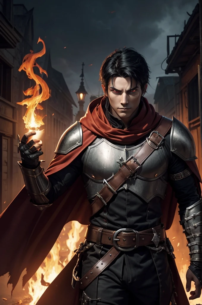 A male Half demon from D&D about in his late 20's. He has bright red skin with demonic orange eyes. Wearing light leather armor with a torn banner as a cape. He has black hair. He has pouches on a belt he is wearing. He has a light leather chest plate. He also has black horns sprouting from his head. He is in a dark town with little to no people in it. He has flames originating from his hands.