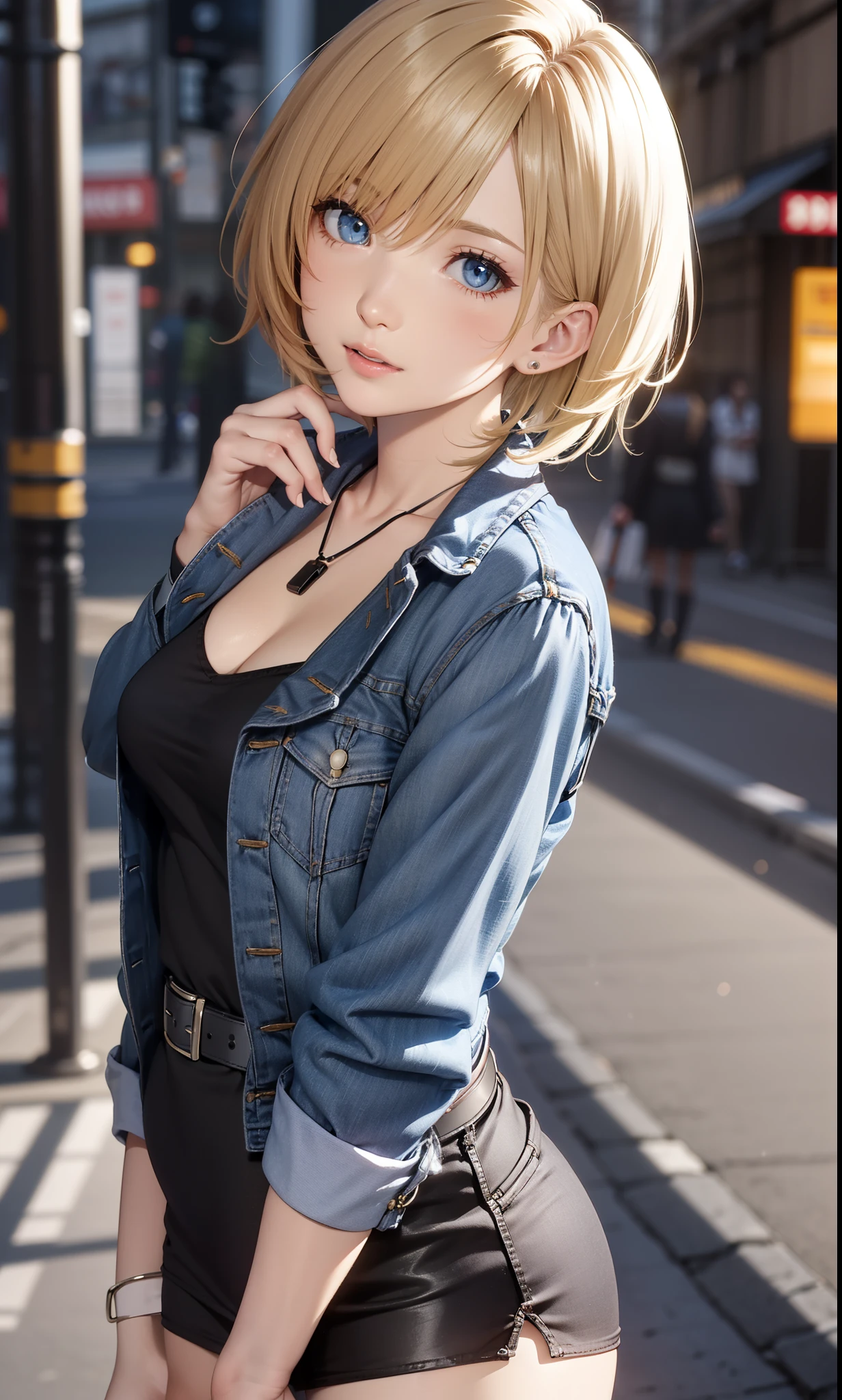 8k,solo,Short blonde hair,blue eyes, horrified,panty shot,blush,thick thighs,((black high socks)), v neck, (((micro mini dress))), belt, ayabrea,blue denim jacket,a