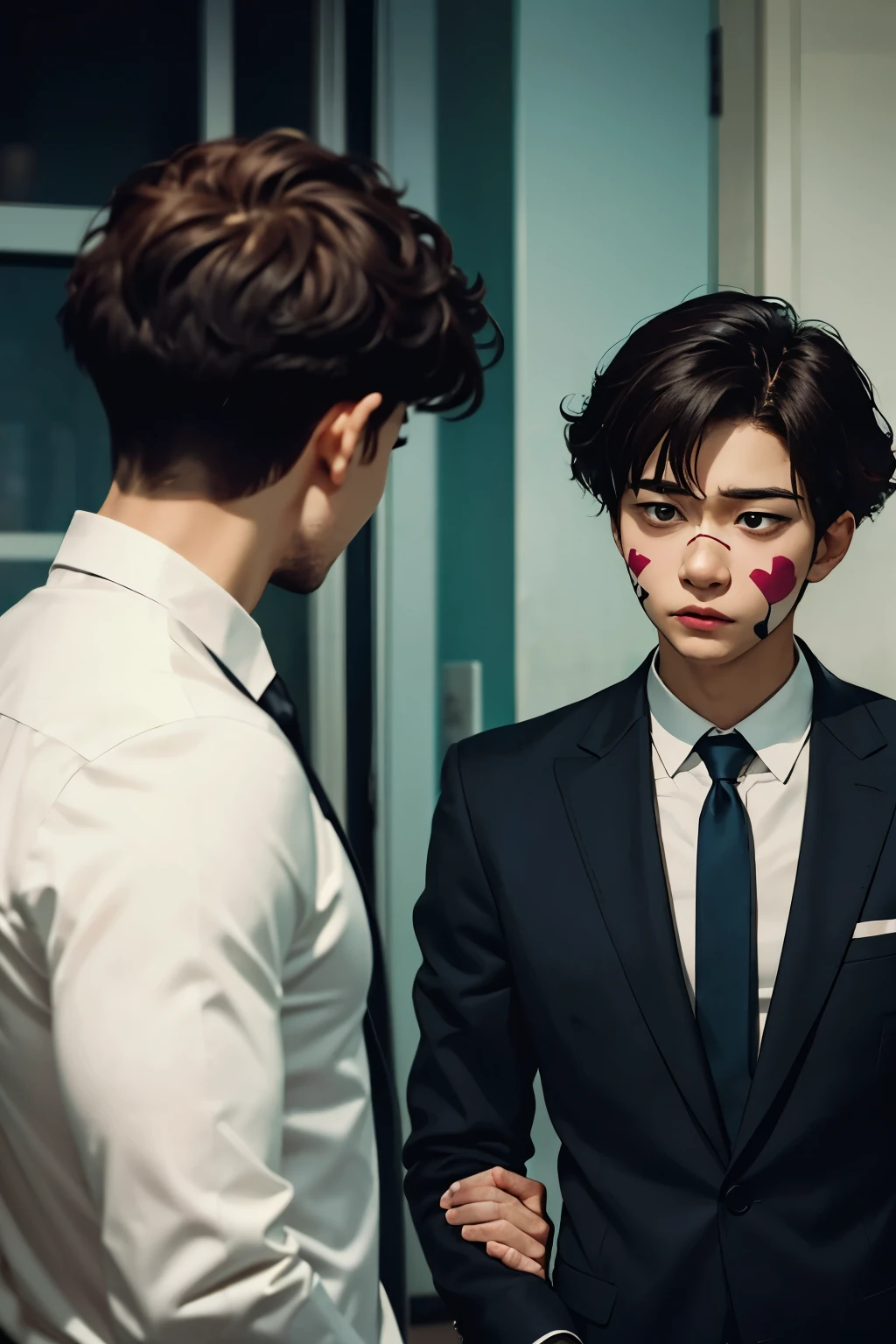 handsome guy in white shirt and black tie. who took off and held his clown mask with a sad and disappointed face, who jealous to see his girl partner talking to and another man behind him