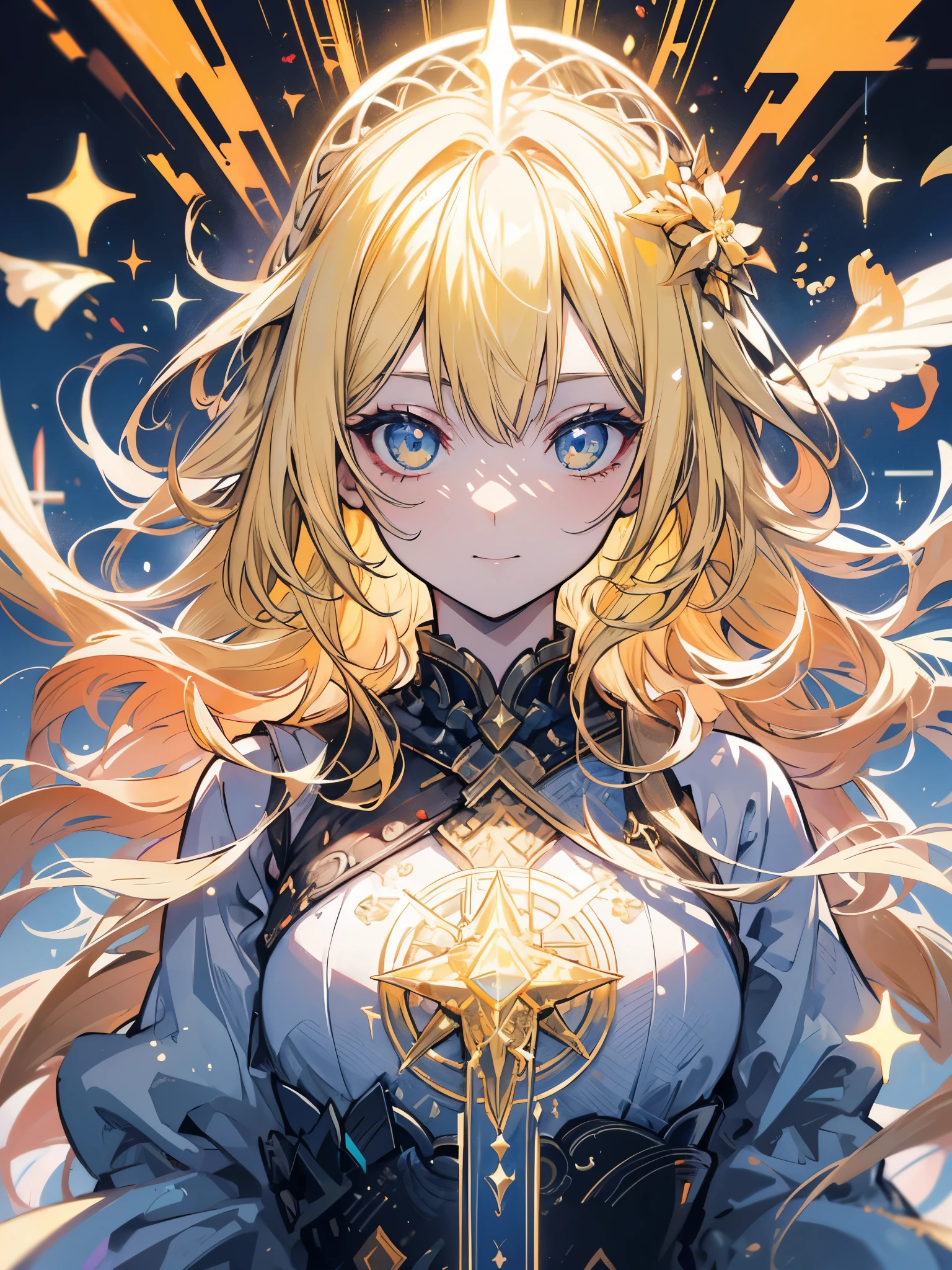 close-up head, facing camera, realistic digital painting portrait of a female human, 3r1nm0r1art72, cute smile, (wavy hair:1.1), (blonde hair:1.3), magical yellow universe, white magic cloth armour with yellow engrave in intricate details, (abstract, background:1.2), (light particle:1.1), (very detailed skin:1.2), (game concept:1.3), (elden ring style:1.3), (arcane style:0.8), (depth of field:1.3), global illumination, art by hoang lap and fuji hoko and artgerm and greg rutkowski and viktoria gavrilenko 