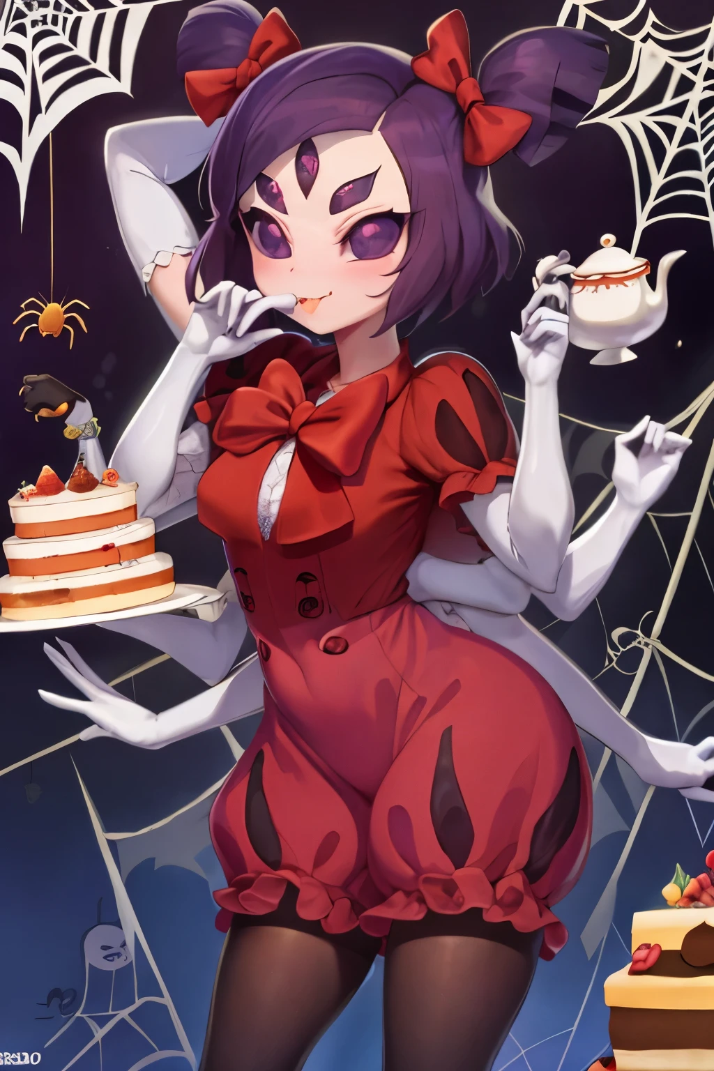 obra maestra, Mejor calidad, Un hermoso y detallado retrato de Muffet,(muffetwear), chica monstruo,((purple body:1.3)),humanoide, arachnid, antro,((colmillos)),coletas,hair bows,5 ojos,spider girl,6 brazos,Solo,Sonrisa, vestido, Boca abierta, Antecedentes impresionantes y detallados, sosteniendo la tetera, holding cup of tea, 6 manos,manos detalladas,((spiderwebs:1.4)), Shop selling cakes and tea,Bombacho,(Ropa roja y negra),adentro,Pour into the teacup,lente gran angular, ((Efecto ojo de pez)) ,Calzado
