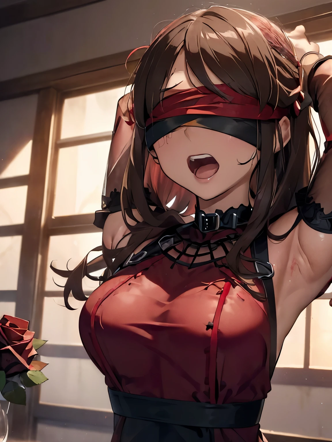 character//light brown hair,long hair with curls,With bangs,(screaming with open mouth), ,((My eyes are hidden with a blindfold:1.4)) BREAK//((wine red party dress:1.3)),((sheer sleeve)),BREAK//((Large red and black roses fill the screen:1.6)),((rose petals are dancing:1.3)),((Dark ruined prison-like place 1.45)),((close up of face:1.3)),((NSFW:1.3)),((He is being restrained with his arms raised high.:1.5)),((small breasts:1.4)),((chains entangled in the body:1.4)),((valley:1.5)),((SM Play:1.2)),((torture:1.3))