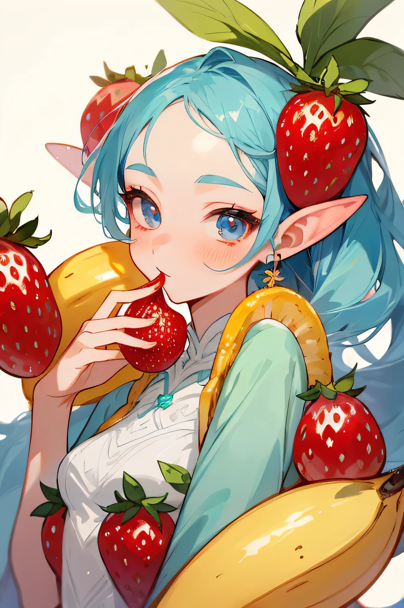 highest quality、High resolution、8K、cute beauty、detailed background、beautiful and detailed face、beautiful and smooth skin、skin texture、Multiple little fairies、fruit and food costumes: fruit and candy costume、Gives a colorful and cute impression。for example、Strawberries or bananas、We also have costumes such as donuts.。