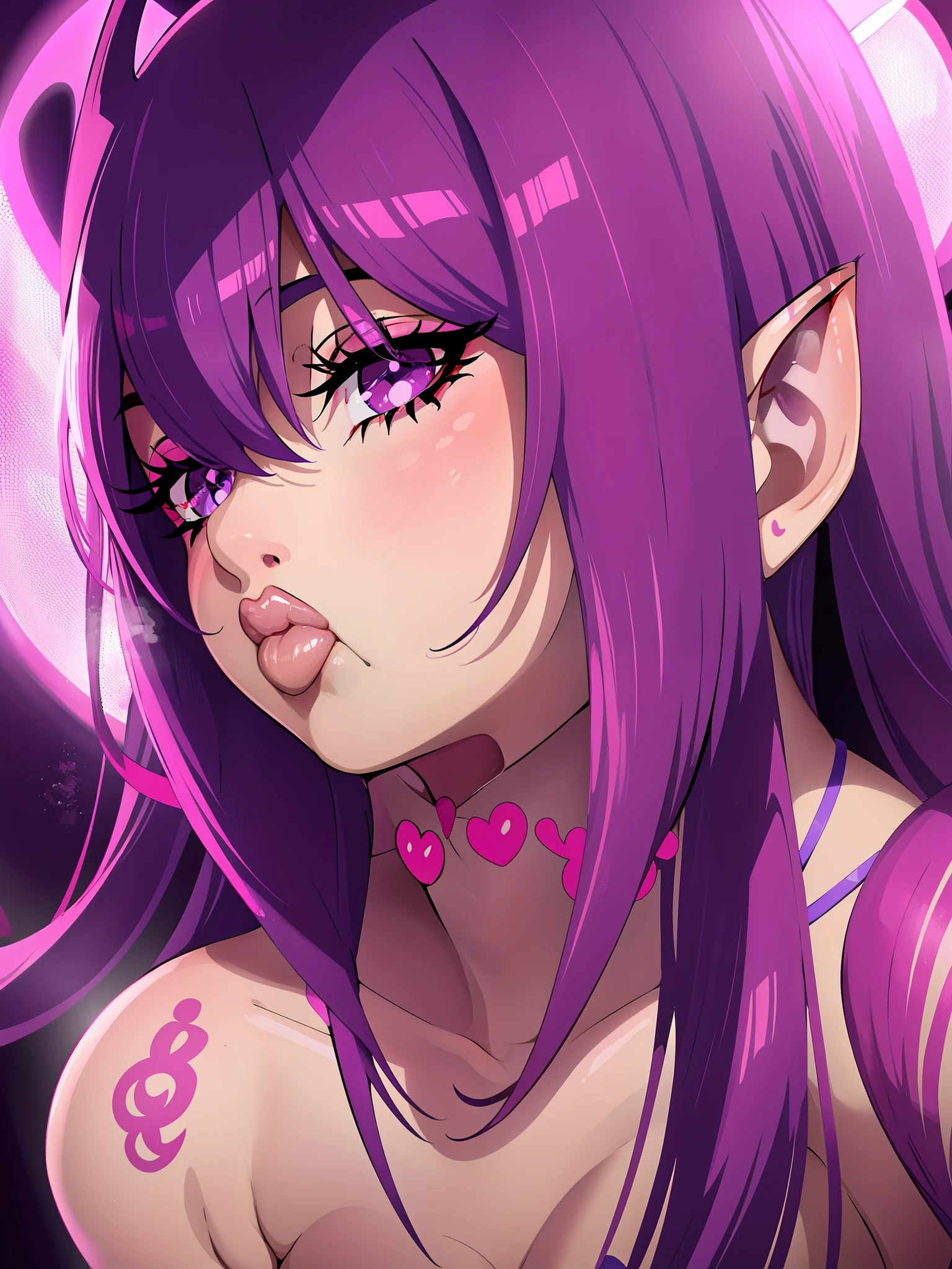 Purple hair, pink eyes, elf ears, long eyelashes, idol, mic, big , bimbo, pig tails, juicy lips