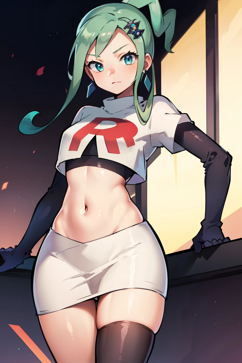 AALISIA,LONG HAIR,ASYMMETRICAL HAIR,SIDELOCKS,HAIR ORNAMENT,EARRINGS,team rocket,team rocket uniform,white skirt,red letter R,crop top,black thigh-highs,black elbow gloves, 1girl, solo, facing viewer, looking at viewer,