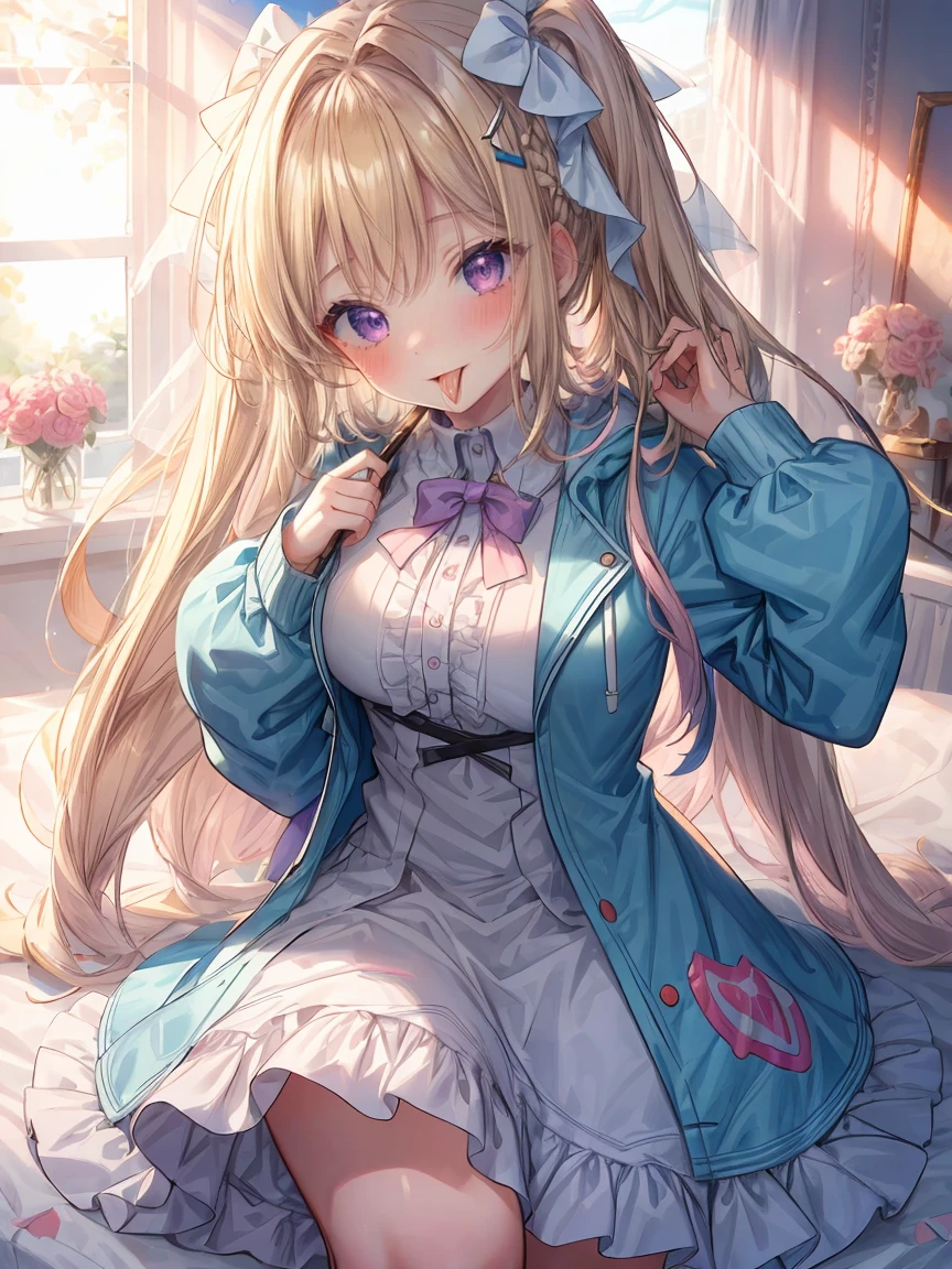 ((8K masterpiece,highest quality)), ultra high resolution, hyper detail, (1 girl), (14 years old),beautiful face, beautiful and delicate eyes,((purple eyes)),Big eyes,shining eyes of light,Thin and long eyelashes,detailed light,((blonde)),((Bangs Patsun)),((long hair)),big breasts,thin waist,big thighs,blush,(grinning smile),(please open your mouth wide),((Light blue hoodie)),((White ruffled skirt)),black and white patterned knee high socks,hair ornaments,bed,cute,((Pink Room)),Game room,kawaii,Princess,(((Open your mouth))),(((lick the candy in your hand))),provocation,motion blur,Depth of written boundary,spectacular panoramic view,Angle from above