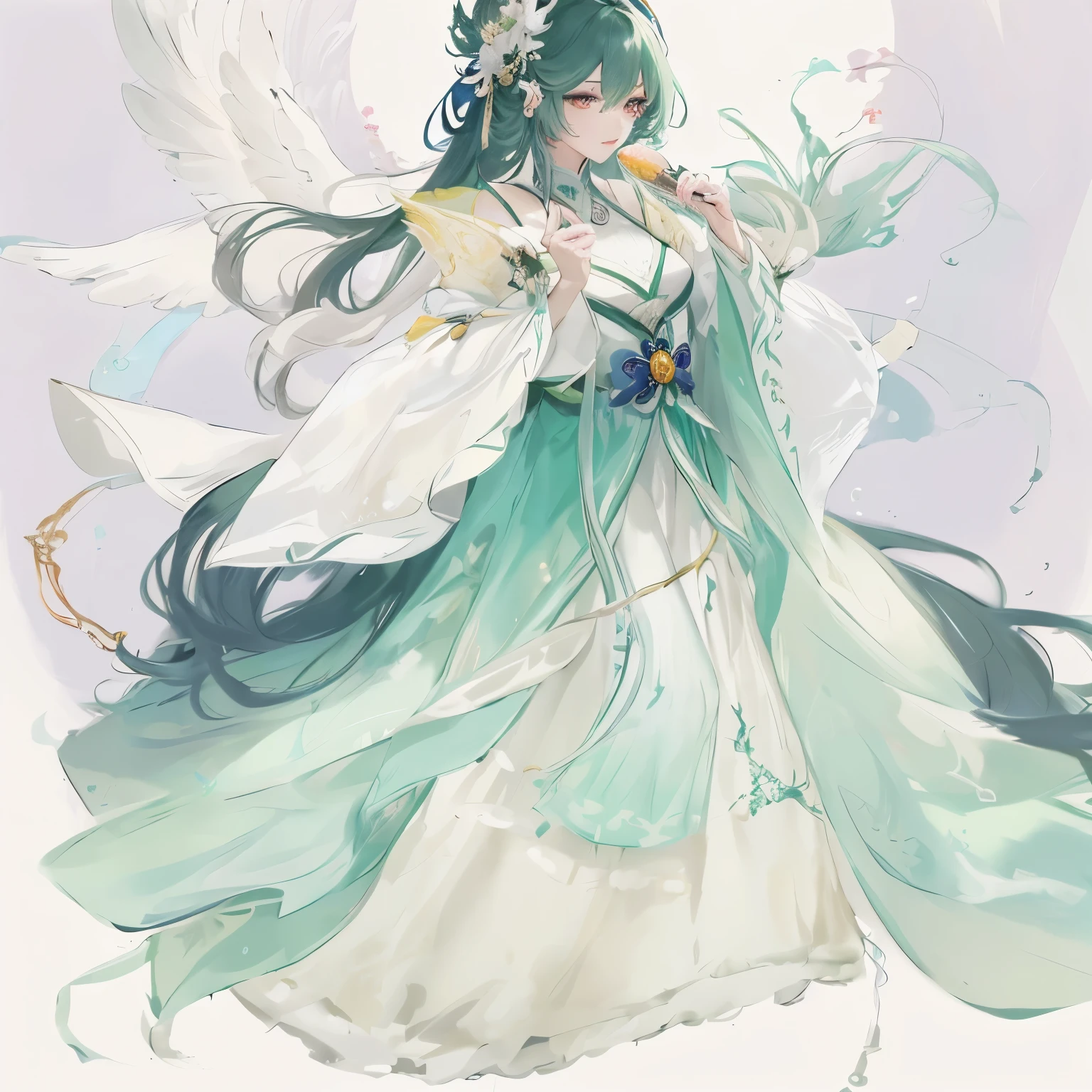 Wearing a green dress、anime girl with a fan in her hand, ((beautiful fantasy queen)), anime goddess, beautiful fantasy queen, flowing magic robe, Inspired by Luo Mu, ethereal wings, The majestic angel, Inspired by Ma Yuanyu, full body xianxia, Onmyoji Detailed Art, 《Genshin》Keqing in