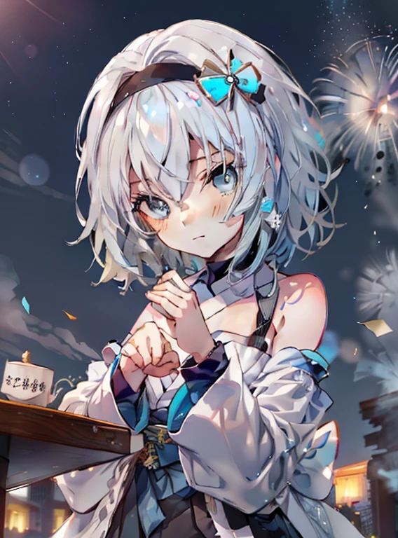 empty silver，empty silver　Ryouou&#39;Jobs, (blue eyes:1.5), (short hair:silver 9，green 1), (flat chest:1.2),Upper body,black headband，blush,smile,black choker，whole body,break，Thin yukata、ability、fireworks in the night sky、skyrocket、The place is a fireworks display、Time is night、sunny day、turn around、whole bodyがイラストに入るように
break (table top:1.2), highest quality, High resolution, unity 8k wallpaper, (shape:0.8), (fine and beautiful eyes:1.6), highly detailed face, perfect lighting, Detailed CG, (perfect hands, perfect anatomy),