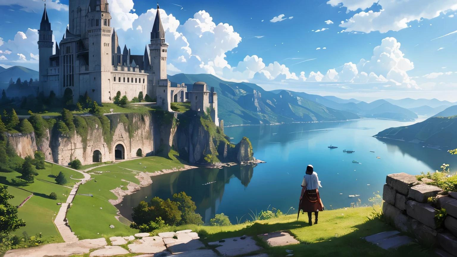 Highest image quality,background,masterpiece,ancient city,unrest,dark ,fantasy,cliff、lake、ruins、middle ages