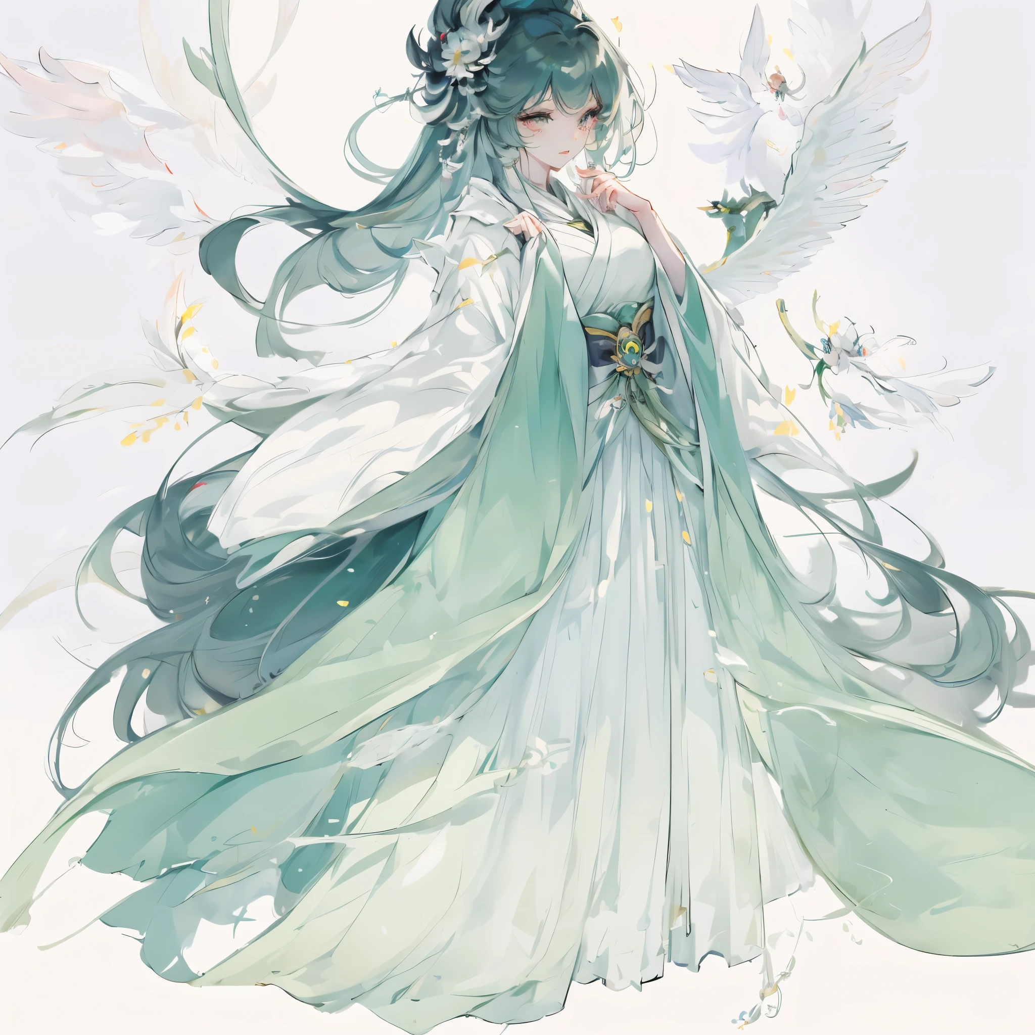 Wear green clothes、anime girl with a fan in her hand, ((beautiful fantasy queen)), anime goddess, beautiful fantasy queen, flowing magic robe, Inspired by Luo Mu, ethereal wings, Majestic angels, Inspired by Ma Yuanyu, full body xianxia, Onmyoji Detailed Art, 《Genshin》Ke Qingyu