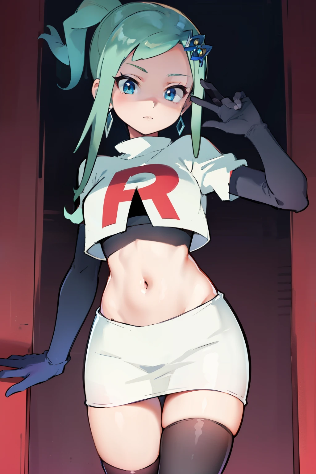 AALISIA,LONG HAIR,ASYMMETRICAL HAIR,SIDELOCKS,HAIR ORNAMENT,EARRINGS,team rocket,team rocket uniform,white skirt,red letter R,crop top,black thigh-highs,black elbow gloves, 1girl, solo, facing viewer, looking at viewer,