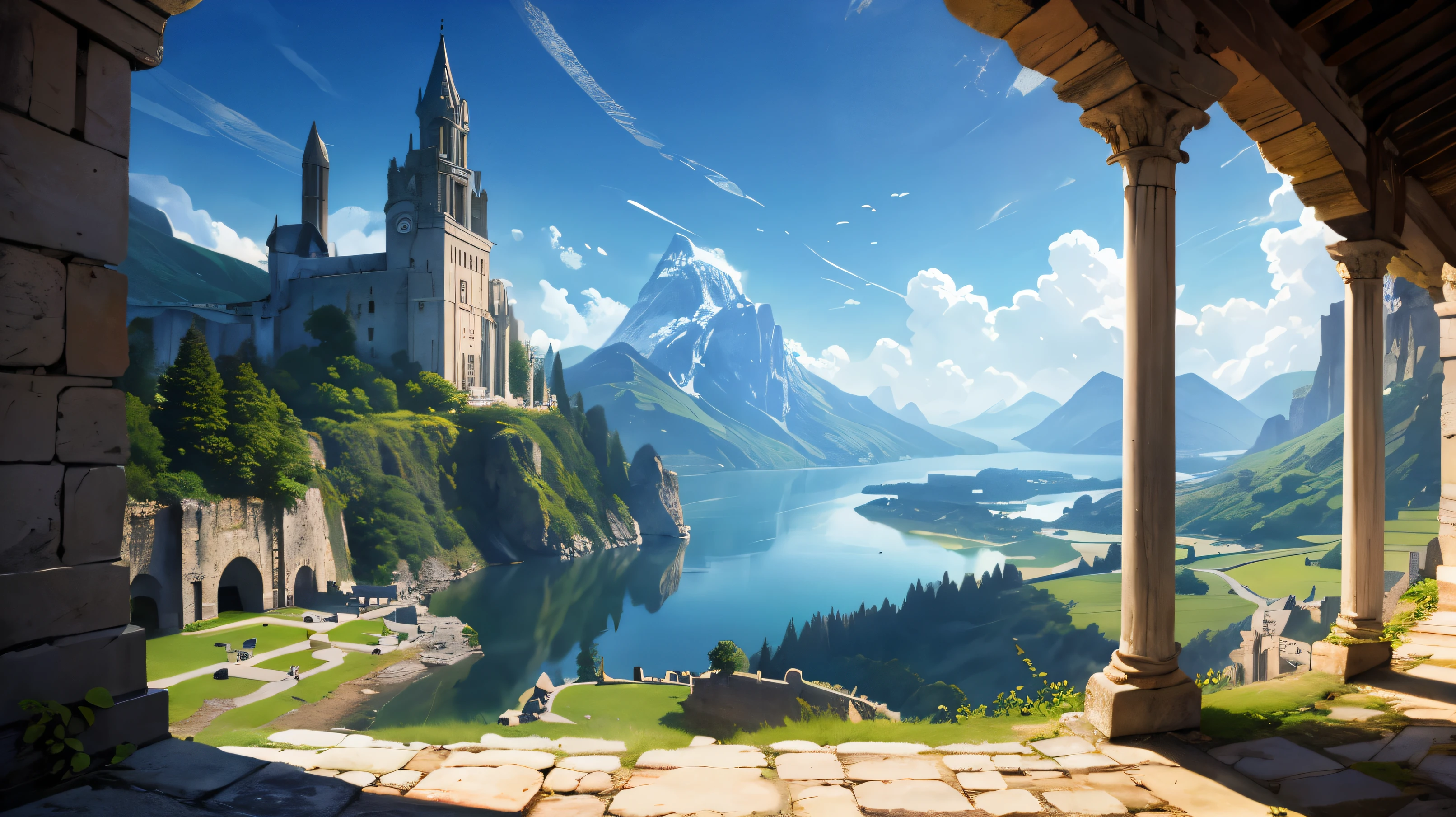 best image quality,background,masterpiece,ancient city,unrest,dark　,fantasy,cliff、lake、Remains、middle ages