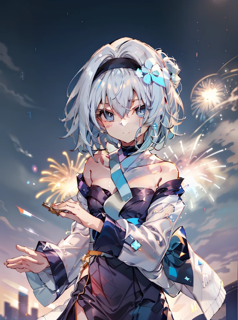 empty silver,empty silver Ryouou'Jobs, (blue eyes:1.5), (short hair:silver 9,green 1), (flat chest:1.2),Upper body,black headband,blush,smile,black choker,whole body,break,Thin yukata、ability、fireworks in the night sky、skyrocket、The place is a fireworks display、Time is night、sunny day、turn around、whole bodyがイラストに入るように
break (table top:1.2), highest quality, High resolution, unity 8k wallpaper, (shape:0.8), (fine and beautiful eyes:1.6), highly detailed face, perfect lighting, Detailed CG, (perfect hands, perfect anatomy),