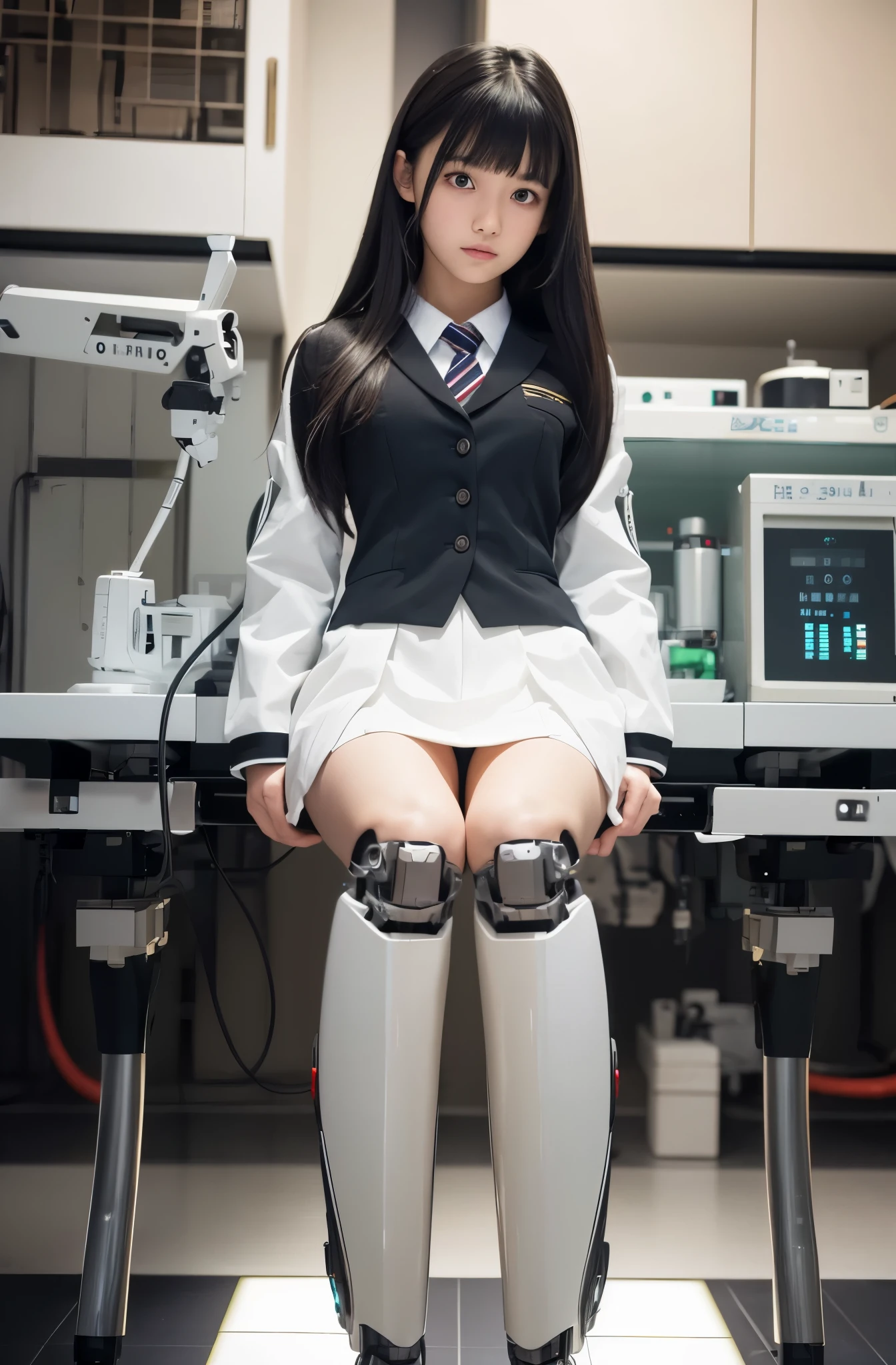 (photorealistic:1.4), (RAW photo)masutepiece, Best Quality, Extremely detailed, (Photorealistic:1.4), (8K, 4K, Best Quality, hight resolution, 超A high resolution:1.1), 8K portrait,Japaese android girl,ager,18 years old,highschool student,control panels,android,Droid,Mechanical Hand, ,Robot arms and legs, Black hair,Mechanical body,Blunt bangs,White Robotics Parts,perfect robot ,Charging spot,ceramic body ,perfect teen robot,Japanese highschool uniform