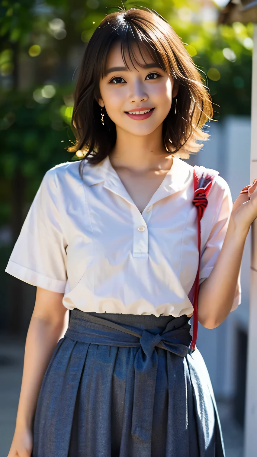 ((Masterpiece,Best Quality))、Ultra-fine illustration、1girl、(Plump:1.0)、wavy hair、apricot colored hair、short bob hair、I pinned my bangs back.、earrings、shiny skin、(sparkling pupils:1.2)、blue eyes、(make:1.0)、(lips:1.1)、(photo from the waist up:1.2)、(summer school uniform:1.1)、cute smile、