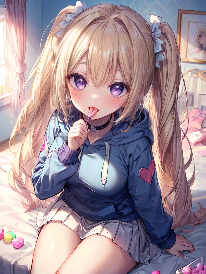 ((8K masterpiece,highest quality)), ultra high resolution, hyper detail, (1 girl), (14 years old),beautiful face, beautiful and delicate eyes,((purple eyes)),Big eyes,shining eyes of light,Thin and long eyelashes,detailed light,((blonde)),((Bangs Patsun)),((long hair)),big breasts,thin waist,big thighs,blush,(grinning smile),(please open your mouth wide),((Light blue hoodie)),((White ruffled skirt)),black and white patterned knee high socks,hair ornaments,bed,cute,((Pink Room)),Game room,kawaii,Princess,(((Open your mouth))),(((lick the candy in your hand))),provocation,motion blur,Depth of written boundary,spectacular panoramic view,Angle from above